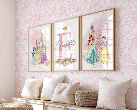 Personalized Princess Wall Art for Girls Room, Custom Name Decor, Set of 3 Nursery Prints