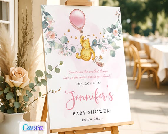 Winnie the Pooh Welcome Sign Baby Shower Pink Girl Greenery Theme, Editable Canva Template, Printable
