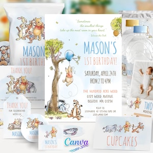 Winnie the Pooh Birthday Bundle, 1st Boy Party Decoration First Birthday Set, Editable Canva Template