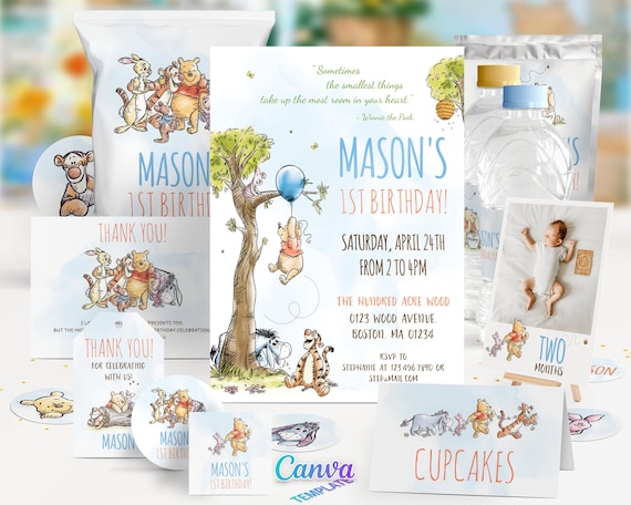 Winnie the Pooh Birthday Bundle, 1st Boy Party Decoration First Birthday Set, Editable Canva Template