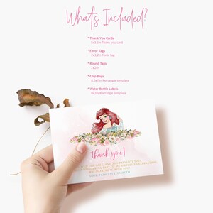 May include: A thank you card with a princess illustration and floral design. The card says "thank you!" and includes additional text. The image also shows a list of included items, such as favor tags and water bottle labels.