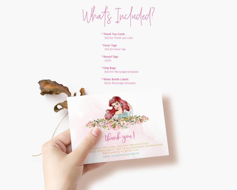 May include: A thank you card with a princess illustration and floral design. The card says "thank you!" and includes additional text. The image also shows a list of included items, such as favor tags and water bottle labels.
