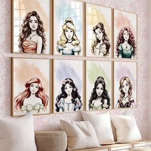 Prinses muurkunstafdrukken voor meisjeskamer Digitale kunstwerkset, kinderkamerdecoratie, instant download
