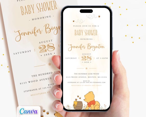 Little Winnie the Pooh Baby Shower Evite, Digital Mobile Phone Invite, Virtual Invitation