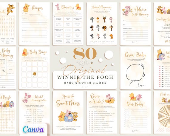 Little Baby Winnie the Pooh and Friends Baby Shower Games, Editable Canva Template, Printable