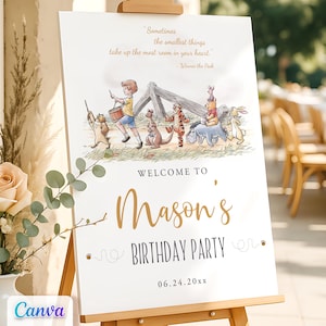 Winnie the Pooh Birthday Welcome Sign, Party Entrance Door Decor Poster, Editable Canva Template