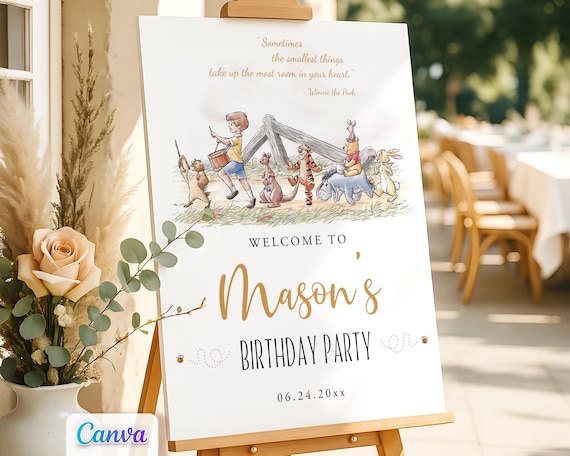 Winnie the Pooh Welcome Sign, Birthday Party Entrance Door Decor Poster, Editable Canva Template
