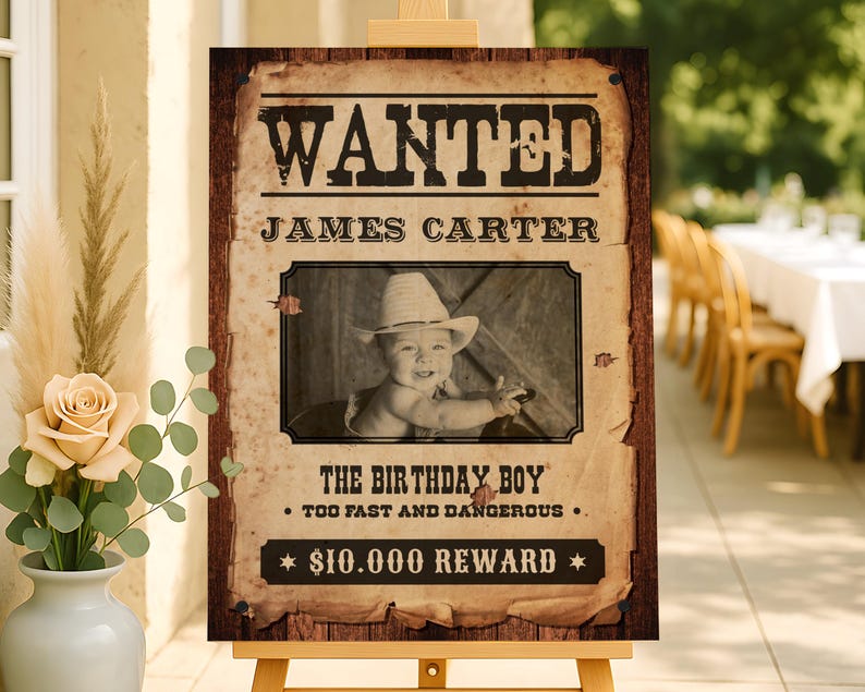 Western-style wanted poster birthday sign with rustic wood background and vintage paper effect, featuring customizable photo and cowboy-themed text. Perfect for wild west birthday parties and cowboy decorations.