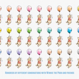 May include: Watercolor illustration featuring Winnie the Pooh holding onto a colorful balloon. The image shows multiple variations of Pooh with different colored balloons. Text at the bottom reads "Hundreds of different combinations with Winnie the Pooh and friends."