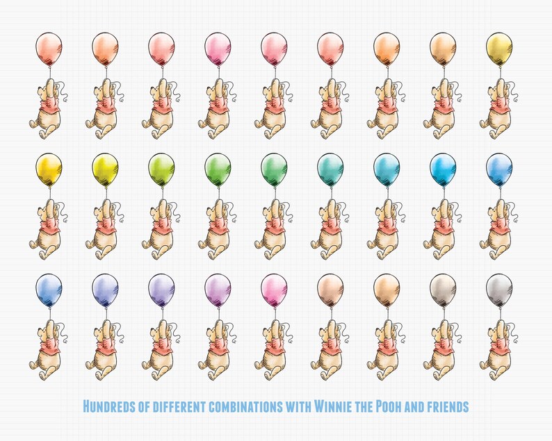May include: Watercolor illustration featuring Winnie the Pooh holding onto a colorful balloon. The image shows multiple variations of Pooh with different colored balloons. Text at the bottom reads "Hundreds of different combinations with Winnie the Pooh and friends."