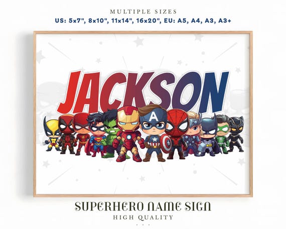 Superhero Name Sign Wall Art Print, Superheroes Room Decor, Editable Canva Template