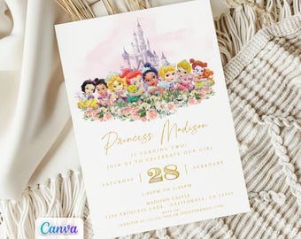 May include: A party invitation with a watercolor castle and princess illustration. The invitation reads "Princess Madison is turning two!" and includes event details in gold script. The Canva logo is in the bottom left corner.