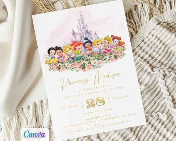 Baby Princess Birthday Invitation, Editable Canva Templates, Printable