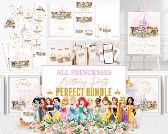 Princess Invitation, Birthday Party Bundle, Editable Canva Templates