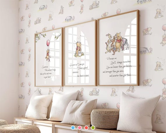 Winnie the Pooh Wall Art Prints Nursery Decorations 4 Colors Included Pink/Blue/Red/Green Instant Download
