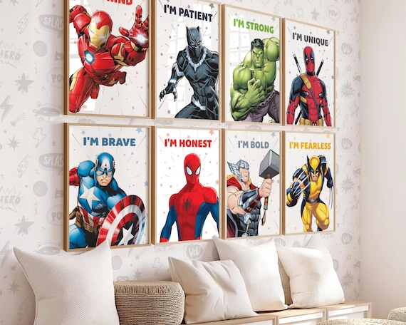 Superhero Wall Art Prints, Positive Affirmations Boys Room Decor, Set of 12 Printable