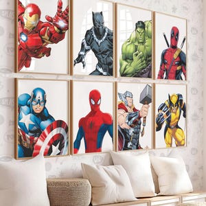Láminas de superhéroes para pared, decoración para habitación infantil, juego de 12 imprimibles, descarga instantánea