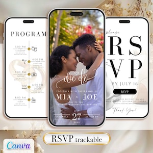 Può includere: Tre smartphone che mostrano grafiche a tema matrimonio. Uno mostra un programma, un altro presenta una coppia con la scritta "We do", e il terzo dice "RSVP". Il design include accenti floreali e il logo Canva.