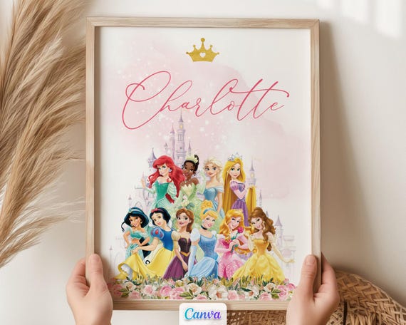 Custom Princess Wall Art Prints, Girls Personalized Name Sign Room Decor, Editable Printable Template