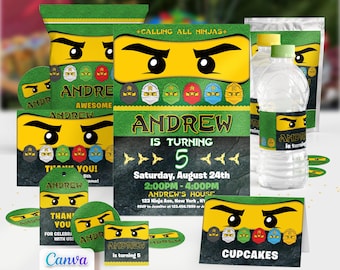 Ninja Birthday Invitation Green Brick Ninjas Party Canva Template