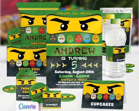 Ninja Birthday Invitations, Green Ninja Party Building Block Style, Instant Download