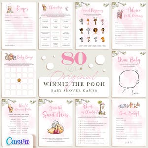 Winnie the Pooh Girl Baby Shower Games, Pink Theme, Fully Editable Printable Templates