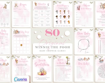 Winnie the Pooh Girl Baby Shower Games, Pink Theme, Fully Editable Printable Templates