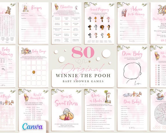 Winnie the Pooh Girl Baby Shower Games, Pink Theme, Fully Editable Printable Templates