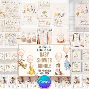 Winnie the Pooh Baby Shower Invitations, Gender Neutral Party Bundle, Editable Canva Templates