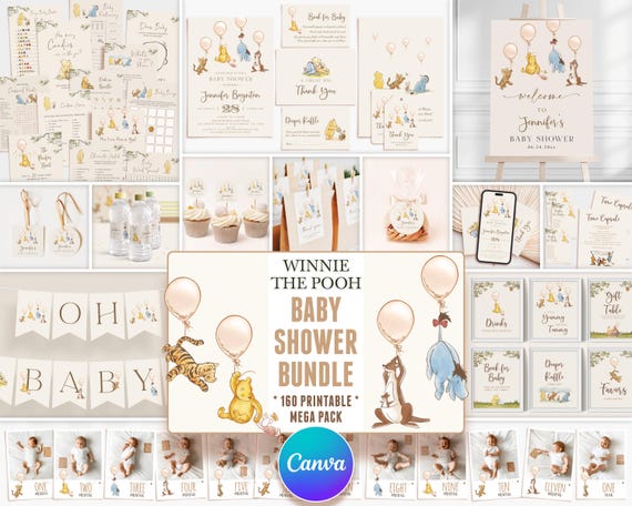 Winnie the Pooh Baby Shower Invitations, Gender Neutral Party Bundle, Editable Canva Templates