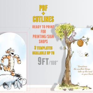 Three Winnie the Pooh themed baby shower cutout decorations. The first cutout is an arch with a blue background, white clouds, and a Winnie the Pooh character holding a honey pot. The second cutout is a tree with a pink piglet character sitting on a branch. The third cutout is a beehive with bees flying around it. The text on the cutout reads "Sometimes the smallest things take up the most room in your heart."