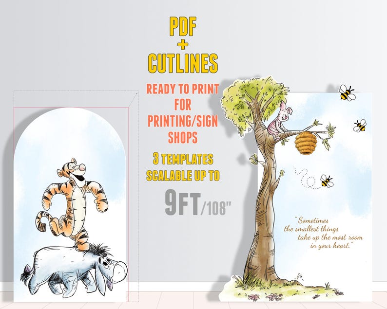 Three Winnie the Pooh themed baby shower cutout decorations. The first cutout is an arch with a blue background, white clouds, and a Winnie the Pooh character holding a honey pot. The second cutout is a tree with a pink piglet character sitting on a branch. The third cutout is a beehive with bees flying around it. The text on the cutout reads "Sometimes the smallest things take up the most room in your heart."