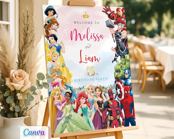 Princess and Superhero Joint Birthday Welcome Sign, Editable Canva Template, Printable Party Sign for Boy/Girl