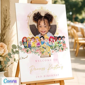 Princess Birthday Welcome Sign with Photo, Princess Welcome Party Signage, Gold Pink Themed Entrance Door Decor