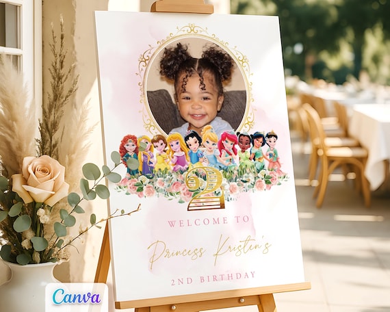 Princess Birthday Welcome Sign, Party Sign with Photo, Gold Pink Themed Entrance Door Decor