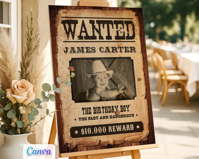 Wanted poster style cowboy birthday welcome sign featuring a vintage western design with customizable photo and text. Editable Canva template perfect for Wild West themed parties and western birthday decorations.