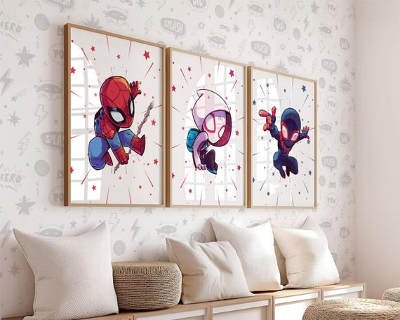 Spidey Wall Art Prints, Ghost Spider, Spin Set of 3 Spiderman Characters Kids Room Decor, Printable