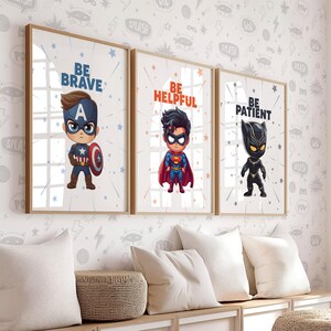Superhero wall art printable featuring Captain America, Superman, and Black Panther. Instant download nursery decor for kids' rooms, playrooms, and superhero-themed spaces. Motivational superhero posters with inspirational quotes.