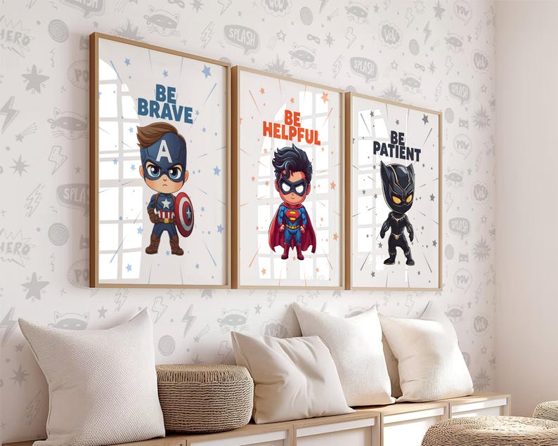 Superhero wall art printable featuring Captain America, Superman, and Black Panther. Instant download nursery decor for kids' rooms, playrooms, and superhero-themed spaces. Motivational superhero posters with inspirational quotes.