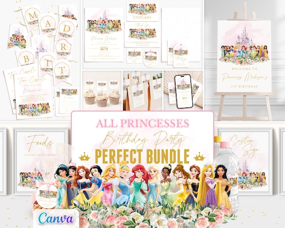 Princess Invitation, Birthday Party Bundle, Editable Canva Templates
