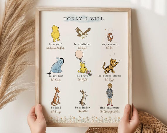 Today I Will Winnie the Pooh Nursery Wall Art, Positive Affirmations Classic Pooh and Friends Quotes for Kids Room Decor, Printable