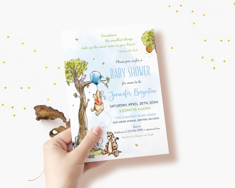 May include: A baby shower invitation featuring a watercolor illustration of Winnie the Pooh characters. The invitation includes the text "Baby Shower for mom to be Jennifer Boynton" and event details. The design has a whimsical, storybook theme.