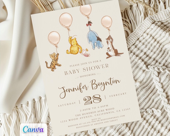 Classic Winnie the Pooh Baby Shower Invitation, Unique Fully Editable Canva Template