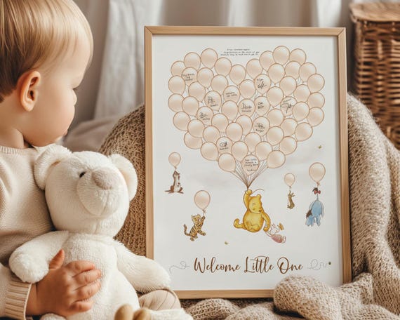 Winnie the Pooh Baby Shower Signature Guest Book 60 Balloons Alternative, Classic Pooh and Friends Guestbook, Canva Template
