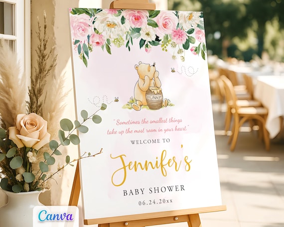 Classic Winnie the Pooh Welcome Sign Baby Shower Girl, Editable Template, Printable