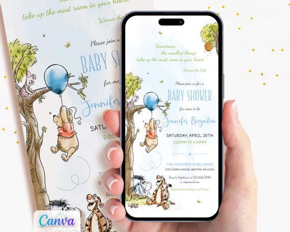 Winnie the Pooh Evite Invitations, Virtual Boy Baby Shower, Digital Mobile Phone Invite
