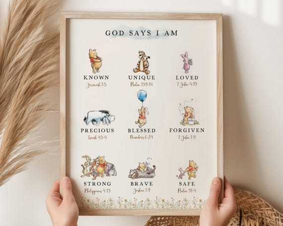 Winnie The Pooh Wall Art, God Says I Am, Christian Nursery Decor, Bible Verse Art, Blue Pink Yellow Printable Theme