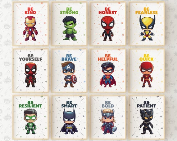 Superhero Wall Art Prints Nursery Decor Poster Backgrounds Instant Download