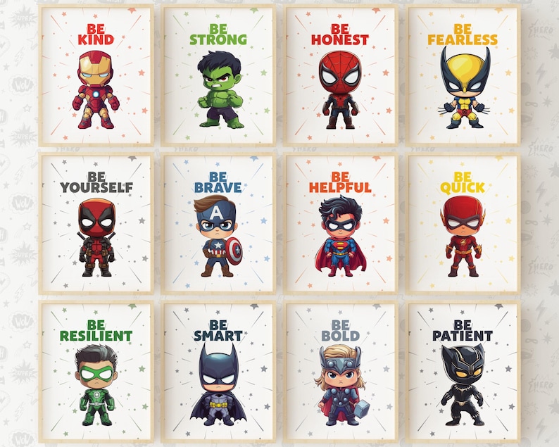 Superhero wall art printable set for kids' room and nursery decor. Instant download digital prints featuring inspirational superhero posters. Perfect for playroom, birthday party decor, and superhero-themed bedrooms.