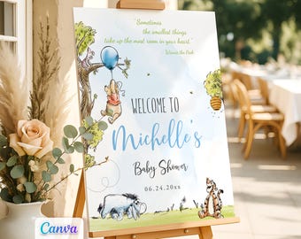 Cartello di benvenuto per baby shower di Winnie the Pooh, modificabile con modello Canva, stampabile